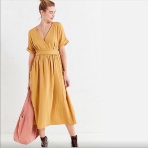 UO Gabrielle Gold Linen Midi Wrap Dress